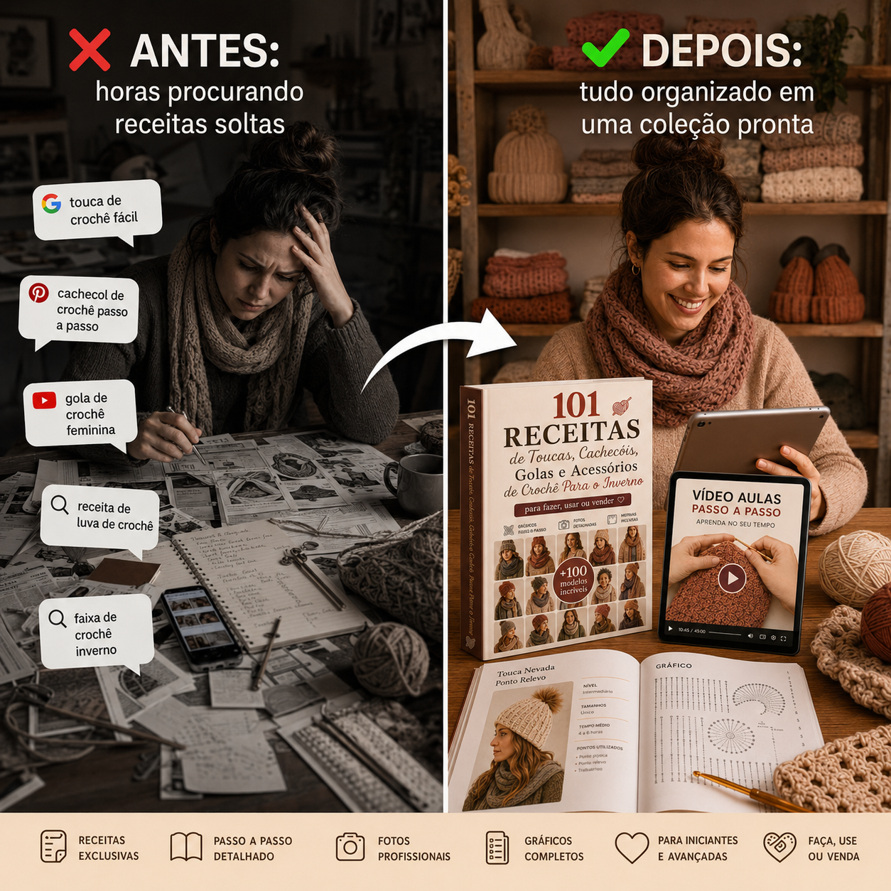 Colagem mostrando Pinterest, YouTube, Google e grupos apontando para Biblioteca 101 Receitas de Crochê Para o Inverno